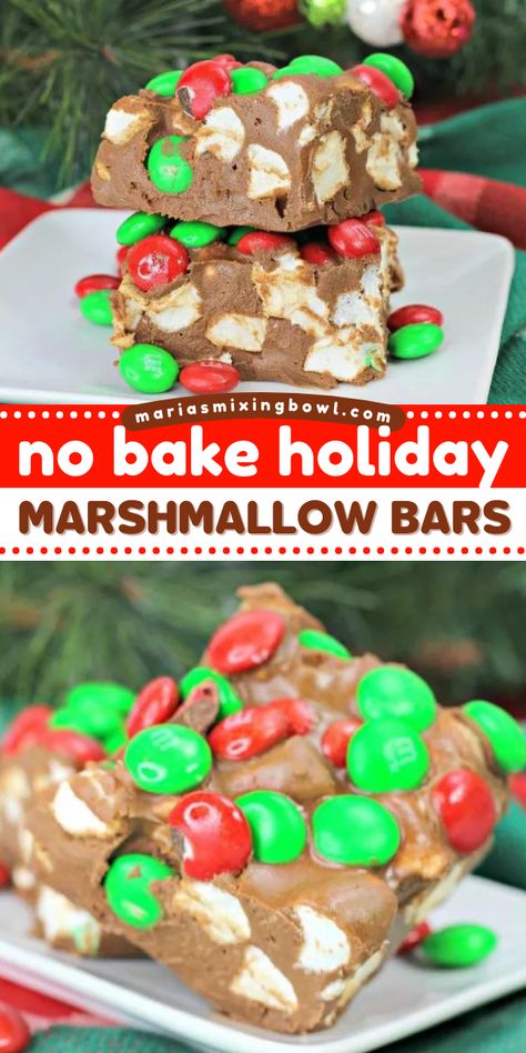 Say hello to your new favorite holiday treat! Everyone will love these holiday marshmallow bars. Studded with red and green M&M's, these no-bake marshmallow bars are a perfect Christmas dessert recipe! No Bake Holiday Marshmallow Bars, No Bake Marshmallow Bars, M&m Dream Bars, Marshmallow Bits Recipes, No Bake Marshmallow Treats, What Can I Do With Marshmallows, Christmas Baking Marshmallow, Marshmallow Dream Bars, M M Marshmallow Dream Bars