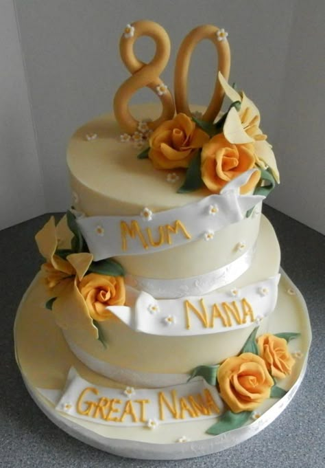 80th birthday cake in yellow - Cake by barbscakes 80th Birthday Cake For Grandma, 80th Birthday Cake Ideas, 80th Birthday Cakes, 75 Birthday Cake, 90th Birthday Ideas, 80th Birthday Party Ideas, Cake For Mom, 80th Birthday Party Decorations, 80th Birthday Ideas