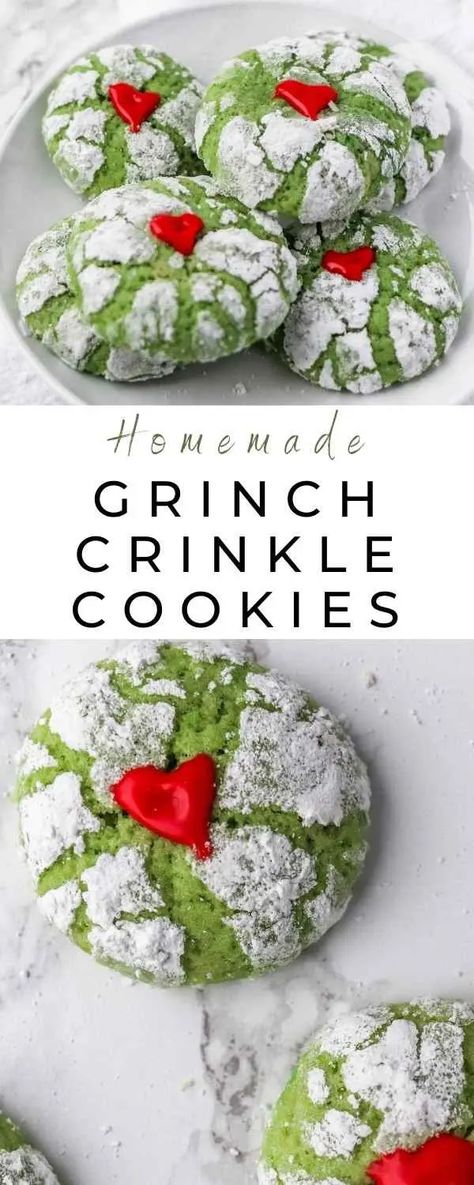 Grinch Crinkle Cookies, Kids Christmas Cookies, Grinch Christmas Cookies, Brownie Texture, Christmas Crinkle Cookies, Christmas Cookies Recipes, Grinch Cookies, Cookies From Scratch, Yummy Deserts