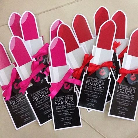 Give a woman the right lipstick and she can conquer the world! #TBT to makeup-themed bachelorette invites! #Lipstick #BridalShower #Bachelorette #Invitations #PaperGoods #PaperGardenRD Makeup Party Ideas, Bachelorette Invites, Makeup Birthday Party, Paper Garden, Girl Spa Party, Chanel Party, Spa Birthday Parties, Spa Birthday, Bridal Invitations