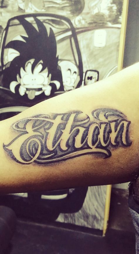 #Ethan #Tatoo #Tatuaje #nombrehijo Ethan Tattoo Names Design, Ethan Tattoo, Name In Cursive, Tattoo Lettering Design, Cursive Tattoos, Hand Lettering Fonts, Name Tattoos, Name Design, Tattoo Lettering