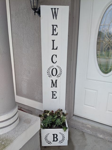 Stand Up Welcome Sign, Entrance Welcome Board, Standing Front Door Sign, Standing Wood Sign, Welcome Sign With Planter, Welcome Planter Stand, Welcome Planter Box Diy, Standing Welcome Sign Front Door, Welcome Plant Stand Diy