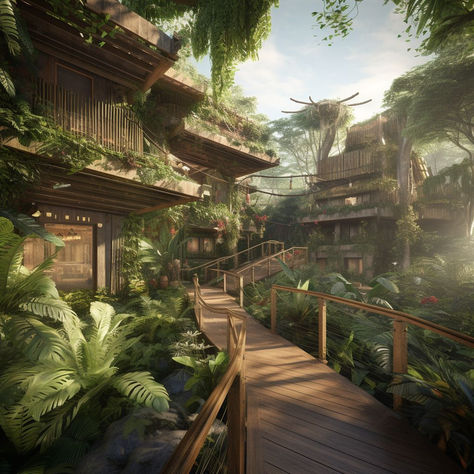 Immerse yourself in the Tropical Jungle Resort by Andorra. Explore the lush interiors and expansive jungle views. 

#TropicalResort #EcoDesign #InteriorDesign #VirtualSpaces #CreativeDesign #Ideas #3drender Jungle Treehouse Aesthetic, Tropic Interior Design, Tropical Forest House, House In Jungle, Tropical Resort Design, Tropical Mansion, Jungle Hotel, Jungle Hut, Resort Style Home