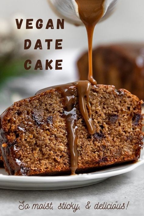 Date Pudding Cake, Vegan Loaf Cake, Sticky Date Cake, Cake With Caramel Sauce, Vegan Loaf, Date Muffins, Sticky Date, Sticky Date Pudding, Date Pudding