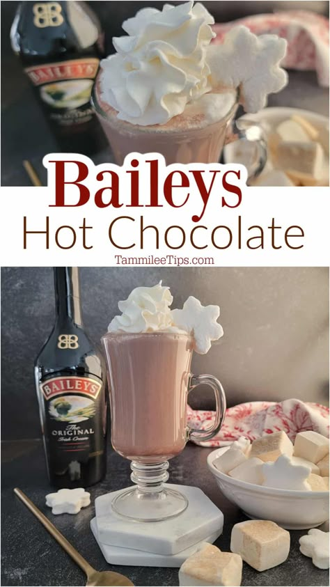 Easy Baileys Hot Chocolate is the perfect hot cocktail. The combination of Bailey's Irish Cream with hot chocolate is simply delicious. Hot Chocolate Alcoholic Drinks, Baileys Hot Chocolate Recipe, Baileys Drinks Cocktails, Chocolate Alcoholic Drinks, Hot Chocolate Baileys, Diy Hot Chocolate Bar, Alcoholic Hot Chocolate, Baileys Recipes Drinks, Baileys Hot Chocolate