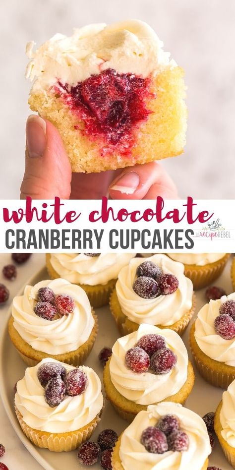 White Chocolate Cranberry Cupcakes, Cranberry Cupcakes Recipe, Christmas Flavor Cupcakes, Cranberry Cupcakes, Cranberries Recipes, Fluffy Vanilla Cupcakes, Cranberry Filling, Stuffed Cupcakes, Holiday Deserts