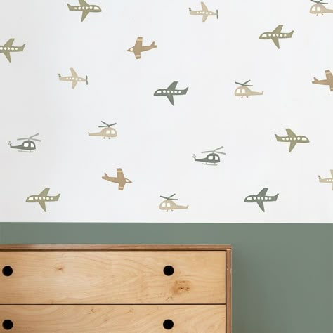 These beautiful airplane decals are removable, repositionable, and reusable! They are printed on top-quality self-adhesive fabric material, and they make a fun addition to any room Printed with waterbased inks this decals are safe for your kids and eco friendly ITEM DETAILS * There are 78 decals included in a set. yes you read right! enough for a full wall covering * Decals measure between approximately 4" to 5" at their widest/tallest * Decals can be easily removed and resused * Easy peel-and-s Vintage Aviation Nursery, Aviation Nursery Boy, Pilot Nursery, Airplane Themed Bedroom, Airplane Nursery Theme, Airplane Themed Nursery, Helicopter Nursery, Plane Room, Vintage Airplane Nursery