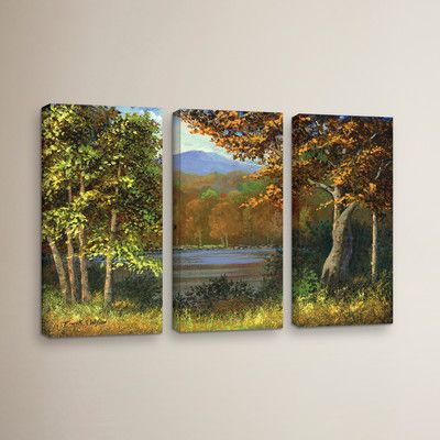 Three Posts Mountain Pond 3 Piece Painting Print on Wrapped Canvas Set Size: 24" H x 36" W x 2" D Three Canvas Painting, 4 Piece Painting, Dining Room Paint, 3 Piece Painting, Easy Canvas Painting, Forest Wall Art, Autumn Forest, Landscape Canvas, Canvas Set