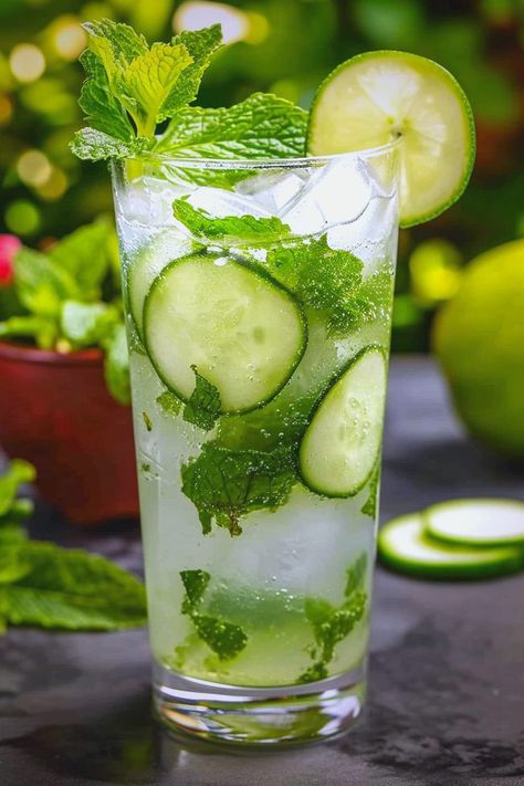 Cava Cucumber Mint Drink, Cucumber Lime Mocktail, Cucumber Mint Vodka Cocktail, Cucumber Mint Mojito, Cucumber Mojito Recipe, Cucumber Mojito, Mojito Pitcher, Green Cocktails, Vodka Mixed Drinks