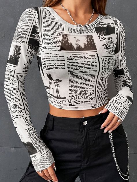 Newspaper Outfit, Camo Crop Top, Newspaper Print, Newspaper Printing, Looks Party, Crop Top Tees, Cropped Tops, Top Crop, Basic Shirts