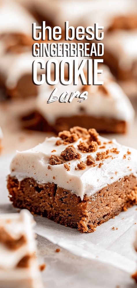 Gingerbread Cookie Bars Gingerbread Squares Holidays, Gingerbread Crinkle Cookie Sandwiches, Recipes Using Ginger Snap Cookies, Ginger Bread Cookie Bars, Butterscotch Gingerbread Cookies, Baked Bars Desserts, Gingerbread Flavored Recipes, Ginger Bread Bars, Ginger Molasses Cookie Bars