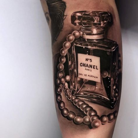 Perfume Bottle Tattoo, Chanel Tattoo, Hollywood Tattoo, Rose Ideas, Pencil Artists, Pearl Tattoo, Bottle Tattoo, Chanel Art, Forearm Tattoo Design