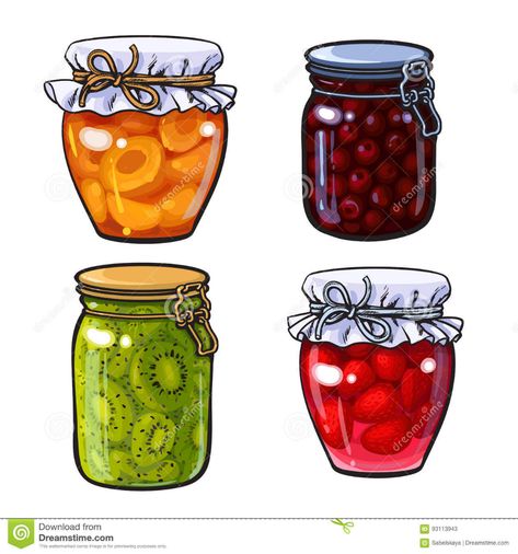 Apricot, Cherry, Strawberry And Kiwi Jam, Marmalade In Traditional Jars Stock Vector - Illustration of confiture, illustration: 93113943 Jam Jar Illustration, Jam Drawing, Jam Illustration, Jar Illustration, مربى الفراولة, Jar Fruit, Kiwi Jam, Jar Of Jam, Cherry Strawberry