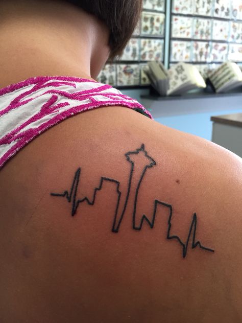 Seattle skyline tattoo Skyline Tattoo Sleeve, Seattle Tattoo Ideas, Seattle Skyline Tattoo, Seattle Tattoos, Washington Tattoo, Christmas Tattoos, Skyline Tattoo, Tattoo Removal Cost, Seattle Tattoo