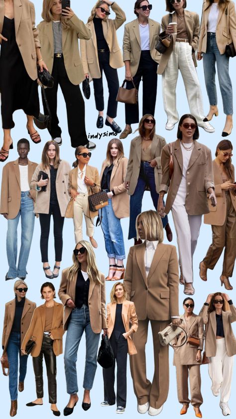 Camel blazer style inspo #camelblazer #style #styleinspo #neutralfashion Dark Khaki Blazer Outfit Women, Beige Suit Jacket Outfits For Women, Camel Jacket Outfits Women, Camel Leather Blazer Outfit, Camel Blazer Outfits Women Office Wear, Feminine Blazer Outfit, Camel Suit Women, Khaki Blazer Outfit Women, Wool Blazer Outfit Women