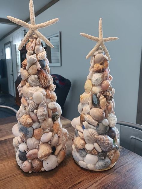 Sea Shell Art | I'm new here. I craft using E6000 type glues for heavy or outdoor items Seashell Christmas Tree, Shell Christmas Tree, Paper Mache Cone, Shell Projects, Sea Shell Art, Seashell Christmas, Shell Craft, Sailors Valentine, Surfside Beach