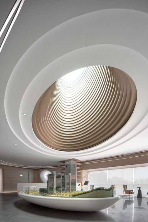 Circular Ceiling, Industrial Office Design, Art 2023, Sales Center, Lighting Plan, Lobby Interior, Lobby Design, Hotel Interior, Futuristic Architecture