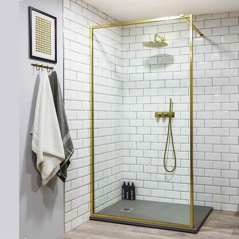 Buy Drench Border Metallic Brushed Shower Screens | Room H2o Drench Showers, Shower Screens, Frameless Shower Enclosures, Glass Hinges, Quadrant Shower Enclosures, Shower Enclosures, Feature Tiles, Tile Trim, Bathroom Inspiration Decor