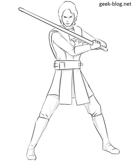 Luke Skywalker Drawing Easy, How To Draw Anakin Skywalker, Anakin Drawing, Star Wars Drawings Easy, Anakin Skywalker Drawing, Luke Skywalker Drawing, Lightsaber Drawing, Anakin Lightsaber, Star Wars Coloring Sheet