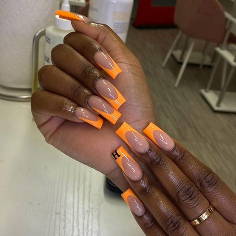 Orange Coffin Nails, Orange French Tips, Orange French Tip Nails, Orange French Tip, French Tip Toes, Image Nails, French Tip Acrylic Nails, Work Nails, Dope Nail Designs