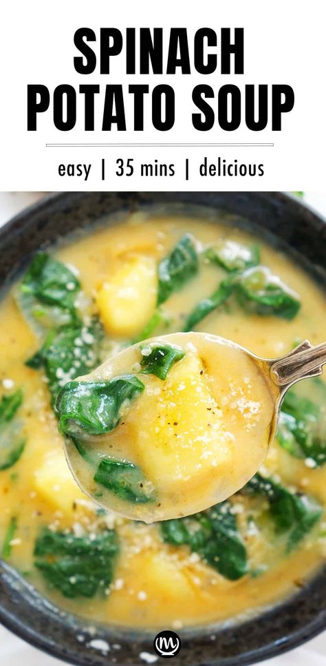 This spinach potato soup uses minimal ingredients, but the flavor and texture are incredible, creamy without weighing you down, and absolutely delicious. #souprecipes #potatorecipes #spinachrecipes #cheapmeals #cheapdinnersforafamily Spinach Potato Soup, Potato Spinach Soup, Potato Delight, Spinach And Potato Recipes, Spinach Potato, Spinach Soup Recipe, Potato Spinach, Potato Soup Easy, Spinach Soup