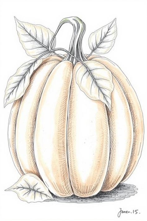 Check Out This Realistic Pumpkin With Leaves Drawing + 12 Other Pumpkin Drawing Ideas! #drawinginspiration #drawingideas Pumpkin With Leaves, Pumpkin Drawing Ideas, Pumpkin Sketch, Scarf Drawing, Halloween Drawing Ideas, Leaves Drawing, Pumpkin Outline, Sun Drawing, Ghost Drawing