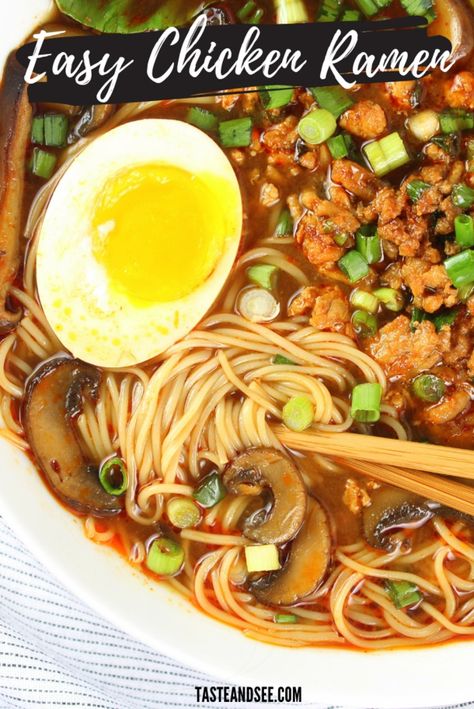 Chicken Miso Ramen, Ramen Soup Base, Easy Chicken Ramen, Chicken Ramen Noodle Recipes, Ramen Noodle Recipes Soup, Ramen Soup Recipes, Chicken Ramen Recipe, Miso Chicken, Easy Ramen