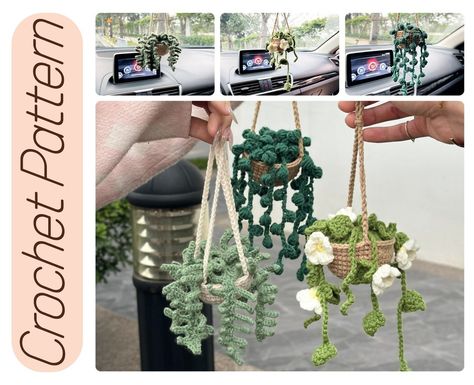 CROCHET PATTERN: 3 in 1 Car Plants, Succulent Potted, Daisy Plants, Fern Plants, Car Decor, Cochet Pattern, Instant Download Car Hanging Plant, Crochet Car Hanging, String Of Hearts Plant, Mirror Pattern, Mirror Car Accessories, String Of Hearts, Crochet Car, Car Hangers, Car Accessories For Women