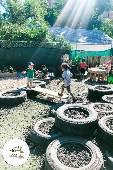 Right in the center of our natural playground we created a tire mountain! The kids absolutely love this addition! Tire Kids Play Playground Ideas, Tires In Playground, Opal Play Ideas, Tire Playground Diy, Tractor Tyre Ideas Kids Outdoor Play, Farm Playground Ideas, Tires Playground Ideas Kids, Tractor Tire Playground, Opal Playground