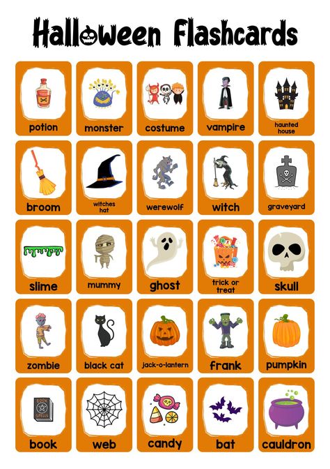 Halloween Esl Activities, Halloween Pdf Free, Halloween English Worksheets, Esl Halloween Activities, Halloween For Kids Activities, Halloween Flashcards Free Printable, Halloween Teaching Ideas, Halloween For School, Halloween English Activities