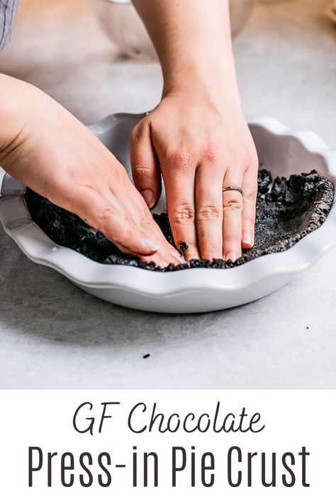 This Gluten Free Chocolate Press-In Pie Crust taste just like an oreo crust but has no actual oreo cookies in it! Rather it's made with almond flour and two different types of cocoa powder that make it taste just like an Oreo cookie. It's so simple to throw together, with real ingredients and tastes incredible. It's perfect for a no bake pie crust option. #pie #piecrust #glutenfreepie #oreocrust Chocolate Cookie Pie, Gluten Free Chocolate Pie, Cookie Pie Crust, Chocolate Pie Crust, Gluten Free Chocolate Cookies, Baked Pie Crust, Gluten Free Pie, Oreo Crust, Low Carb Low Sugar