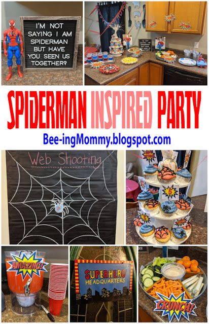 Spiderman inspired Birthday Party food and decorations ideas Superhero Theme Food Ideas, Spiderman Birthday Party Foods, Food For Spiderman Birthday Party, Spider Man Themed Birthday Party Food, Spidey Themed Birthday, Spidey Party Food Ideas, Spidey Themed Food, Spider Man Birthday Party Games, Spiderman Birthday Food Ideas