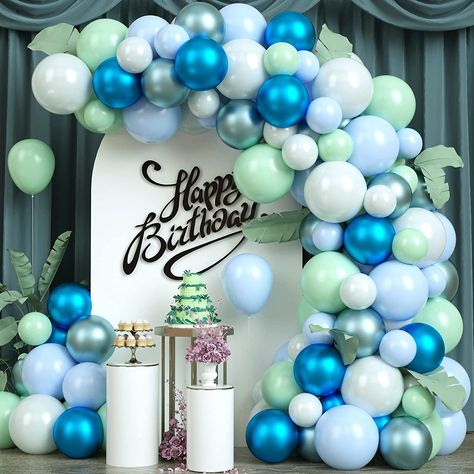 Blue Silver Balloon Garland, Silver Balloon Garland, Confetti Balloons Birthday, Balloon Chain, Birthday Photo Props, Silver Balloon, Rose Gold Balloons, Green Balloon, Under The Sea Party