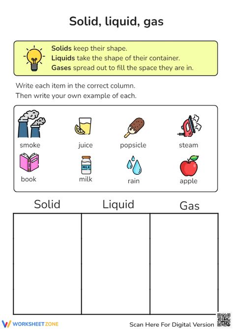 Get to identify states of matter, which are solid, liquid and gas with this worksheet as your partner! #science #solid #liquid #gas #solidliquidgas #statesofmatter #objeccts #kidsactivities #identify #freeprintable #worksheet #pdf #scienceforkids #scienceworksheets Solid Liquid Gas Worksheet, Solid Liquid Gas, Welcome July, Teacher Work, English Grammar Worksheets, States Of Matter, Natural Science, Similarities And Differences, Science Worksheets