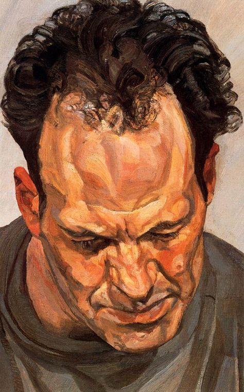 It’s in this period that Freud’s brushstrokes become increasingly forceful, and the volume of paint on the canvas increases, so that it seems to almost shape the contours of skin or hair . In the portrait of the artist Frank Auerbach, his powerful forehead dominates the canvas. The two men had been friends since the mid-1950s, were great admirers of each other’s work and saw each other frequently. It was at the time he made this portrait that Freud began to use Cremnitz white, a dry lead-based p Lucian Freud Portraits, Lucian Freud Paintings, Frank Auerbach, Lucian Freud, Istoria Artei, Art Department, Sigmund Freud, National Portrait Gallery, Portrait Gallery