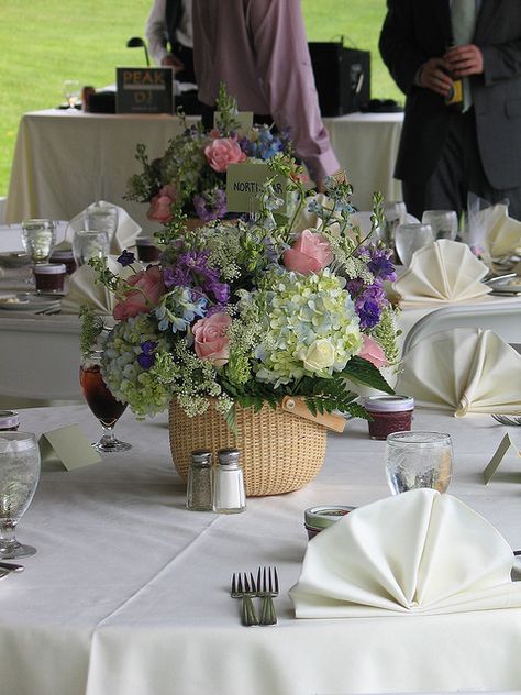 Nantucket Basket Centerpiece by Magic of Flowers, via Flickr Basket Centerpieces Table, Nantucket Party, Basket Centerpiece, Wildflower Centerpieces, Nantucket Basket, Lemon Themed Bridal Shower, Beach Wedding Decorations Reception, Basket Centerpieces, Table Arrangements Wedding