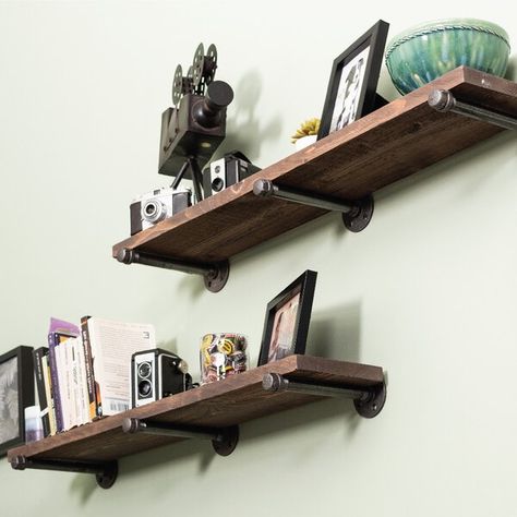 Floating Pipe Shelf, Iron And Wood Floating Shelves, Gas Pipe Floating Shelves, Wood Floating Shelf, Wood Office Desk, Industrial Style Decor, Pipe Decor, Shelf Wood, Solid Wood Shelves