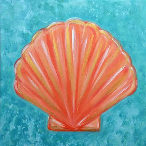 Easy Seashell Painting On Canvas, Turquoise Painting Ideas, Starfish Painting Easy, Easy Coloring Ideas, Sea Shells On Canvas, Beach Painting Aesthetic, Painting On Seashells, Beachy Paintings Easy, Shell Painting Ideas