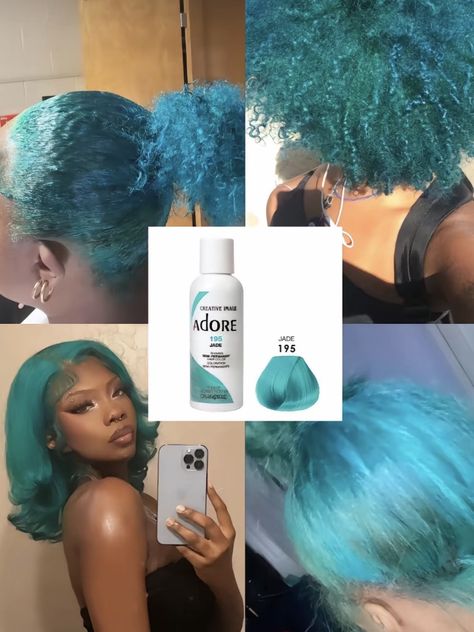 Blond And Teal Hair, Dyed Natural Hairstyles, Adore Blue Hair Dye, Black And Blue Hair Black Women, Light Blue Natural Hair, Teal Hair Dye Ideas, Light Blue Hair Black Women, Blue Hair Dye Black Women, Blue Dyed Curly Hair