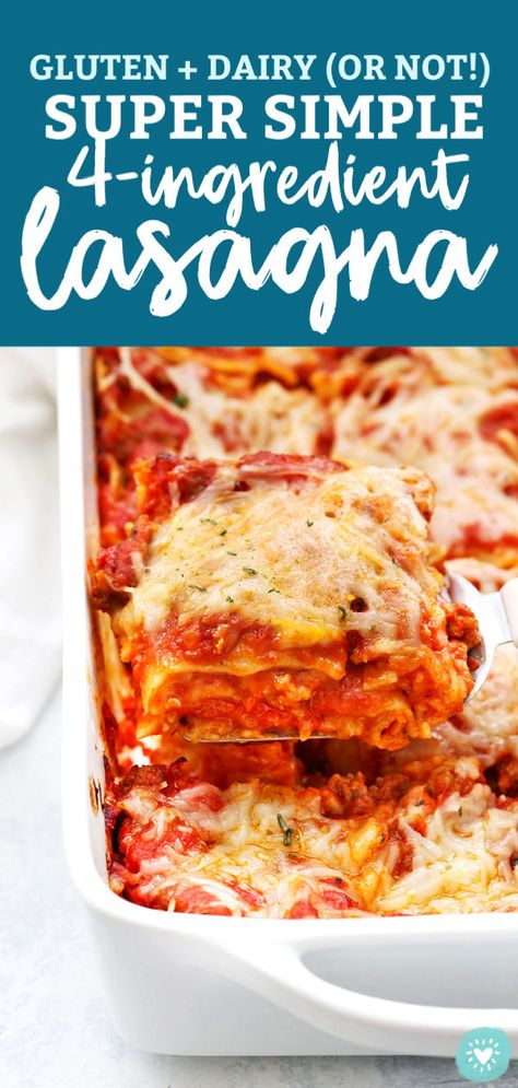 Four Ingredient Lasagna - This EASY lasagna recipe takes just 4(!!!) ingredients and tastes amazing. Don't miss our tips for making this a gluten free, dairy free dinner! // gluten free lasagna recipe // dairy free lasagna recipe // gluten free freezer meal // sausage lasagna #lasagna #pasta #glutenfree #dairyfree #easydinner #freezerdinner Dairy Free Lasagna Recipe, Gluten Free Lasagna Recipe, Gluten Free Freezer Meals, Dairy Free Lasagna, Gluten Free Dairy Free Dinner, Vegan Lasagna Recipe, Recipes Lasagna, Lasagna Recipe With Ricotta, Gluten Free Lasagna