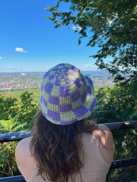 bucket hat, crochet bucket hat, checkered bucker hat, y2k hat, y2k style, crochet hat Bucket Hats Crochet, Checkered Bucket Hat Crochet Pattern, Checkered Bucket Hat Crochet, Purple Crochet Yarn Bucket Hat, Purple Yarn Bucket Hat, Adjustable Purple Crochet Bucket Hat, Checkered Bucket Hat, Crochet Checkered, Hats Crochet