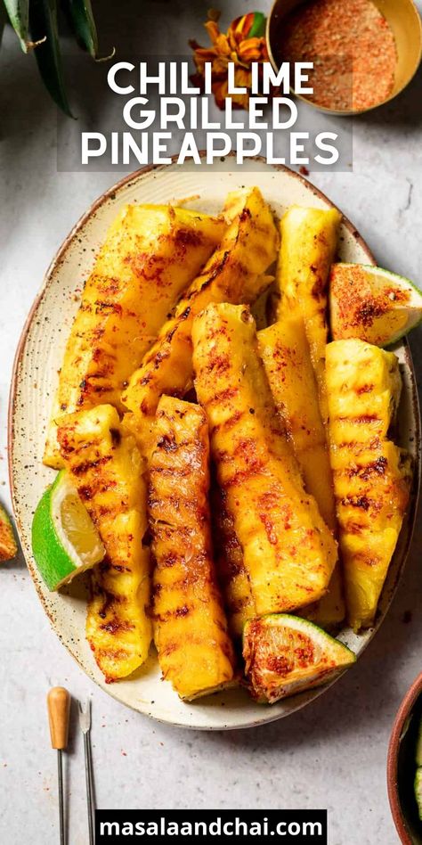 Enjoy a taste of Indian street food with these Chili Lime Grilled Pineapple spears. Perfect for a summer barbeque appetizer, this caramelized pineapple snack is full of spicy and tangy flavors. Pineapple Grill, Barbecue Appetizers, Pineapple Spears, Pineapple Snack, Seekh Kebab Recipes, Caramelized Pineapple, Best Side Dish, Summer Barbeque, Ripe Pineapple