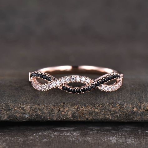 Black Diamond matching band in 14k rose gold/Curved loop wedding ring/Floral twisted design/infinity anniversary ring This beautiful and delicate wedding ring is formed by two intertwining bands,micropav隆搂| set black and white diamonds. Romantic, rich rose gold curves into a delicate twist and unconventional design for your wedding band. Gems Info:Main stone: Natural Conflict Free Diamonds and Black Diamond TRANSLATE with x English Arabic Hebrew Polish Bulgarian Hindi Portuguese Catalan Hmong Da Black Diamond Anniversary Band, Black Wedding Band For Women, Female Wedding Bands, Pink Sapphire Wedding Band, Unbreakable Vow, Black Diamond Wedding Band, Yellow Gold Diamond Wedding Band, Wedding Band Yellow Gold, Infinity Wedding Band