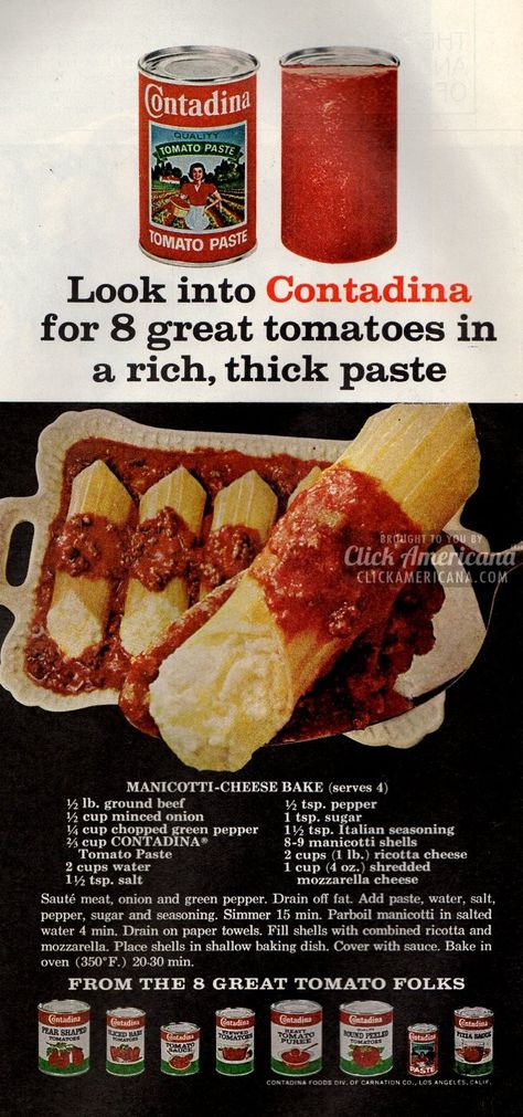 Manicotti-Cheese Bake (1968). My note: I actually use this recipe when I make manicotti or stuffed shells.  It's a winner. 70s Food, Recipes With Pictures, Food Ads, Retro Recipes, Old Recipes, Vintage Recipes, Om Nom, Pasta Dishes, Pasta Recipes