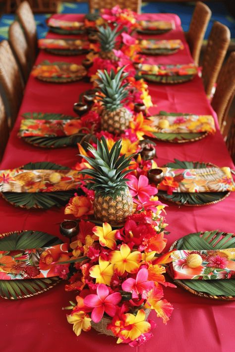 pineapple tropical table setting Hawaiian Table Setting, Luau Table Setting, Luau Table Decorations, Luau Centerpieces, Grad Dinner, Hawaiian Dinner, Island Night, Pineapple Centerpiece, Tropical Table