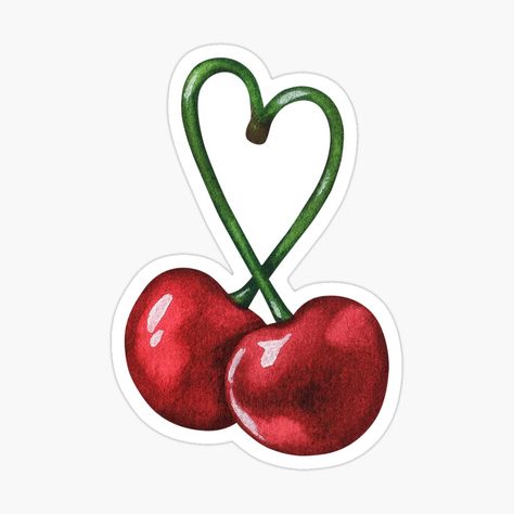 Cherry Sticker Aesthetic, Aesthetic Red Stickers, Cherries Aesthetic, Cherry Watercolor, Cherry Illustration, Cherry Sticker, Cherry Drawing, Red Stickers, Retro Cherry