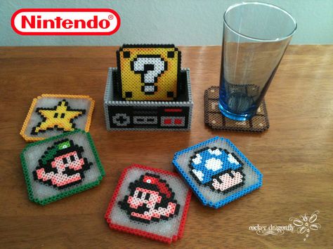 Super Mario Bros. Coasters Just to make something new !!! Perler Coasters, Perler Bead Designs, Perler Bead Mario, Perler Creations, Plastic Canvas Coasters, Art Perle, Plastic Canvas Stitches, 8bit Art, Hama Beads Design