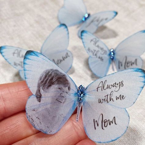 Personalized Butterfly Pin-Add a photo of your loved one who cannot attend your wedding. Gorgeous wedding memorial gift🎁The perfect keepsake to treasure... | By Onenonlygifts | Facebook Memorial Gift Diy, Wedding Bouquet Charms, Bouquet Charms, Butterfly Wing Earrings, Angel Crafts, Butterfly Wedding, Butterfly Pin, Images And Words, Custom Wedding Gifts