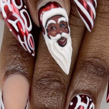 Su Nguyen on Instagram: "HOHOHO 🎅🏾❤️ So the client she came back after 2 weeks to fill in. And it’s still looks good!! We still love our Santa!! He’s still so fine!!! So we wanted to keep him, just refreshed with the shape and wiped it with acetone. And then changed the other nails. What do you think? Is it better then last set? ★𝐒𝐚𝐮𝐯𝐚𝐠𝐞_𝐀𝐫𝐭𝐢𝐬𝐭𝐫𝐲★ 𝙽𝚊𝚒𝚕 𝙰𝚛𝚝 𝚋𝚢 𝚂𝚞 . . . . . . . . . . . . . #christmasnails #nailart #nailartist #artist #aesthetic #naildesign #nails #christmas #nailsinspiration #aestheticnails #nailalabama #birminghamnails #alabamanails #alabamanailartist #nailtrend #trending #nailinspo #nails #naildesigns #nailfeed #handpaintednails #freestylenails #abstractart #nailsdesign #santanails #blacksanta #redchromenails #santababy #nailsart" Gnome Nails, Alabama Nails, Santa Nail Art, Red Chrome Nails, Snowman Nails, Santa Nails, Bad Santa, Finger Nails, Dope Nail Designs