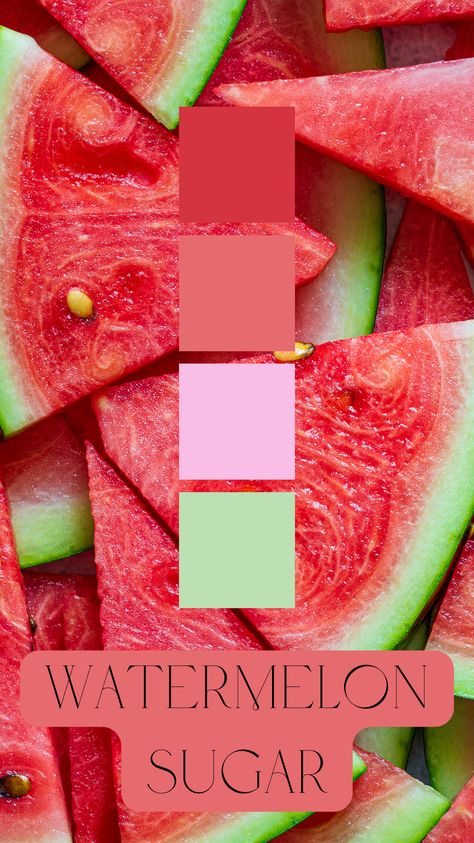 Watermelon Sugar Color Palette by Felicity & Lilac Events Tropical Fruit Color Palette, Watermelon Colour Palette, Watermelon Color Palette, Fruit Color Palette, Hospital Signage, Color Harmonies, Fruit Wedding, Color Palette Challenge, Watermelon Sugar